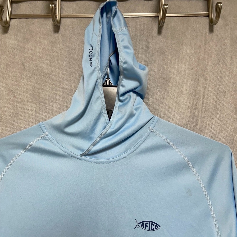 AFTCO Hoodie Men M Blue Performance Lightweight‎ AFTECH Fishing Active Spellout